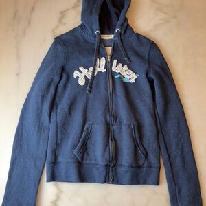 Hollister Navy Zip Front Hoodie with Embroidered Detail